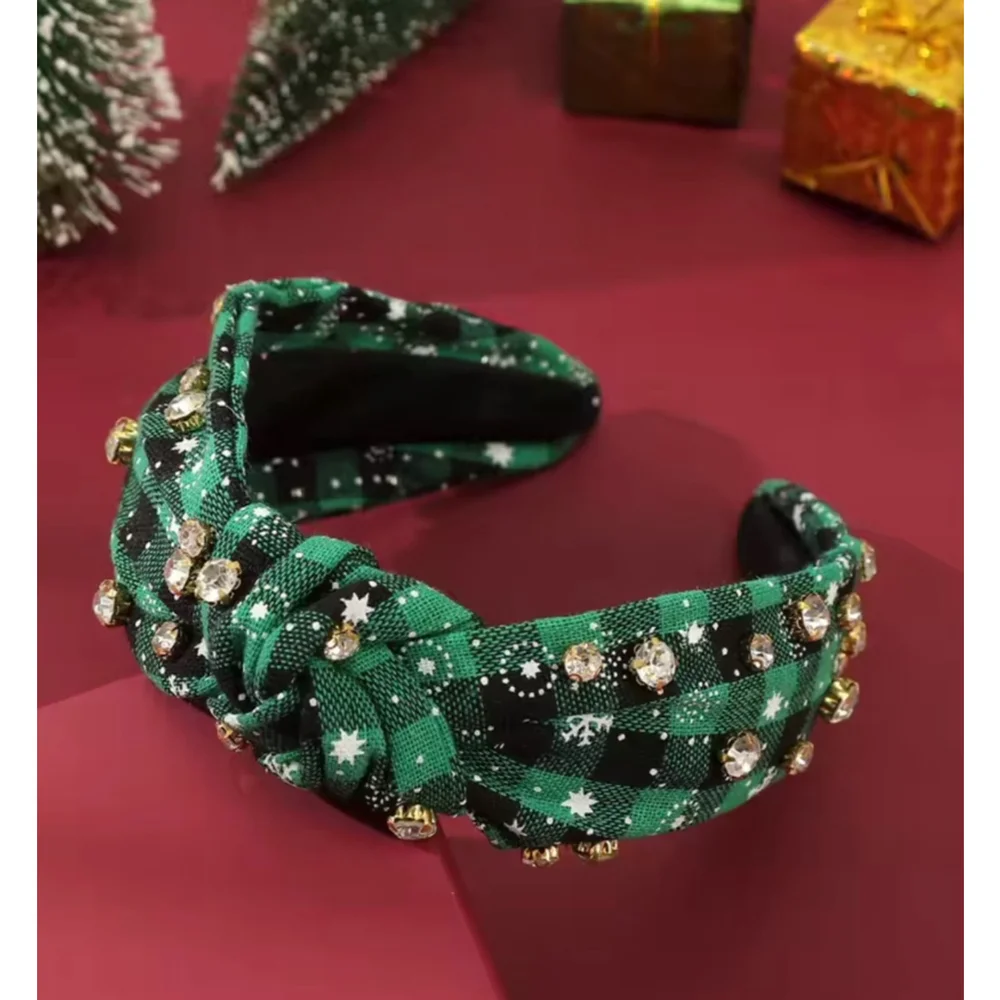 Women's Jewel‎ Green Plaid Knot Headband